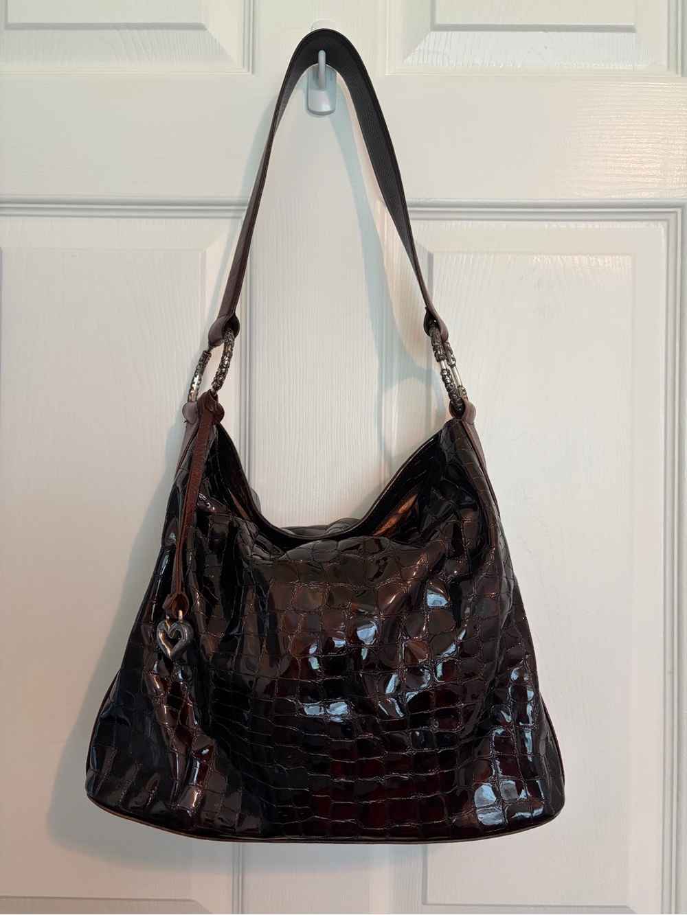 Brighton Patent Leather Croc-Embossed Hobo Bag in Dark Brown